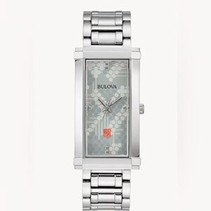 Bulova Frank Lloyd Silver Rectangular Bracelet Watch with Patterned Dial Womens